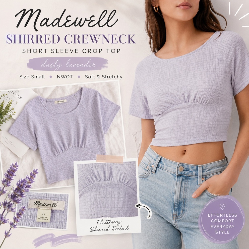 Madewell Shirred Crewneck Short Sleeve Crop Top Dusty Lavender Small New